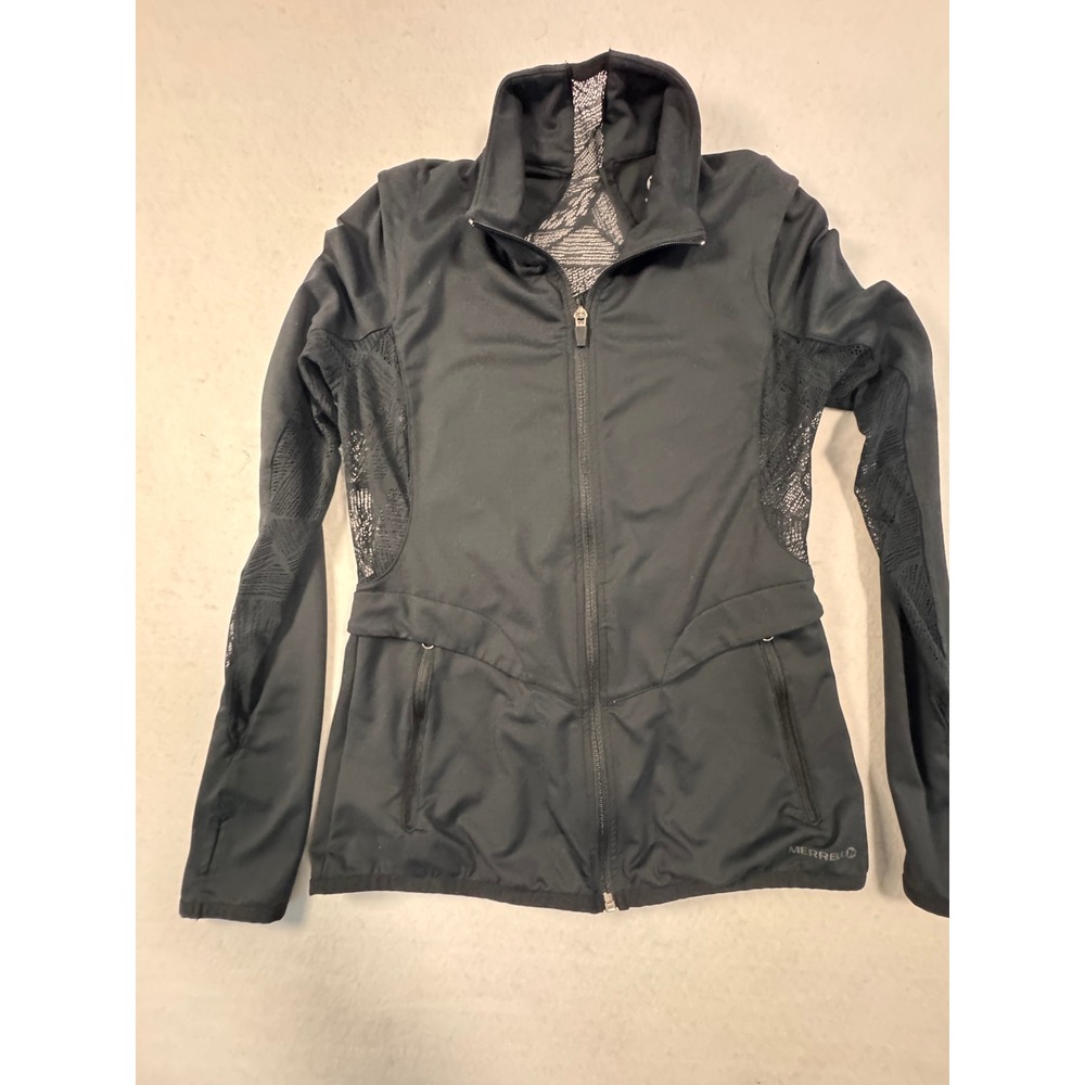 Merrell Womens Black Full Zip Athletic Jacket Lace‎ Mesh Back Thumbholes Small
